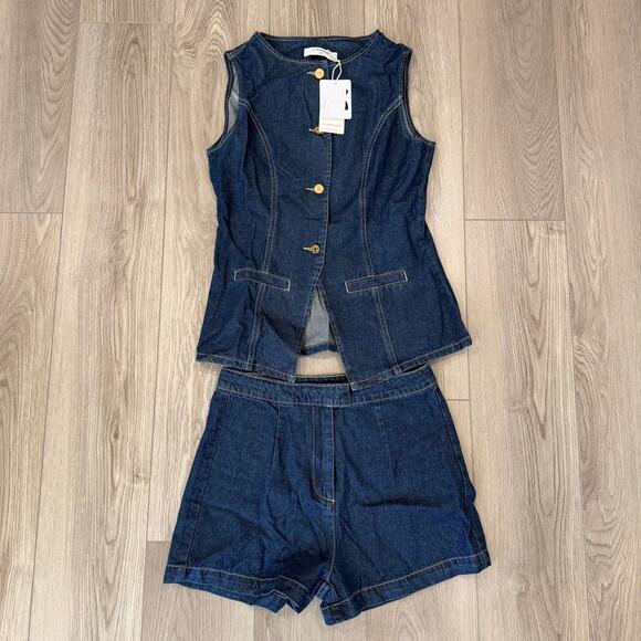 Commense Cotton Blue Denim Peplum Vest Shorts Set Old Money Casual Medium - Picture 3 of 7